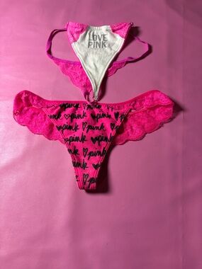 PINK Victoria's Secret Hot Pink & White Lace Thong Set